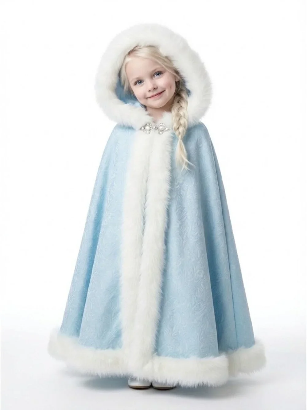 Girls Festive Blue Cape with Hood and White Fur Trim